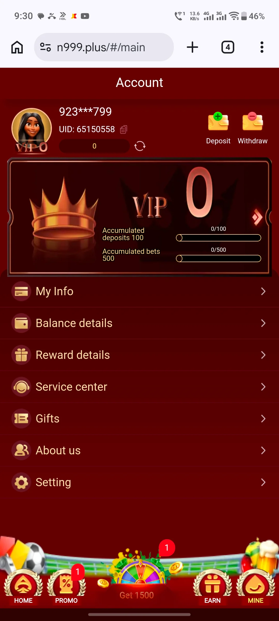 N99999 Plane account screen on mobile